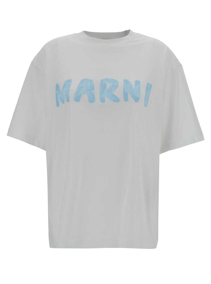 Marni White Crewneck T-Shirt with Logo Print in Cotton Woman WHITE