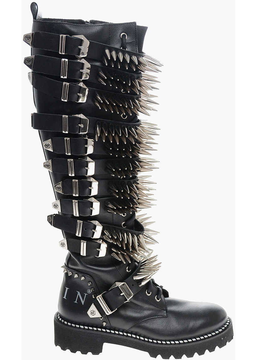 Cizme lungi Philipp Plein Leather Lace-Up Boots With All-Over Studs 4.5Cm Black Femei (BM 12498246) 2