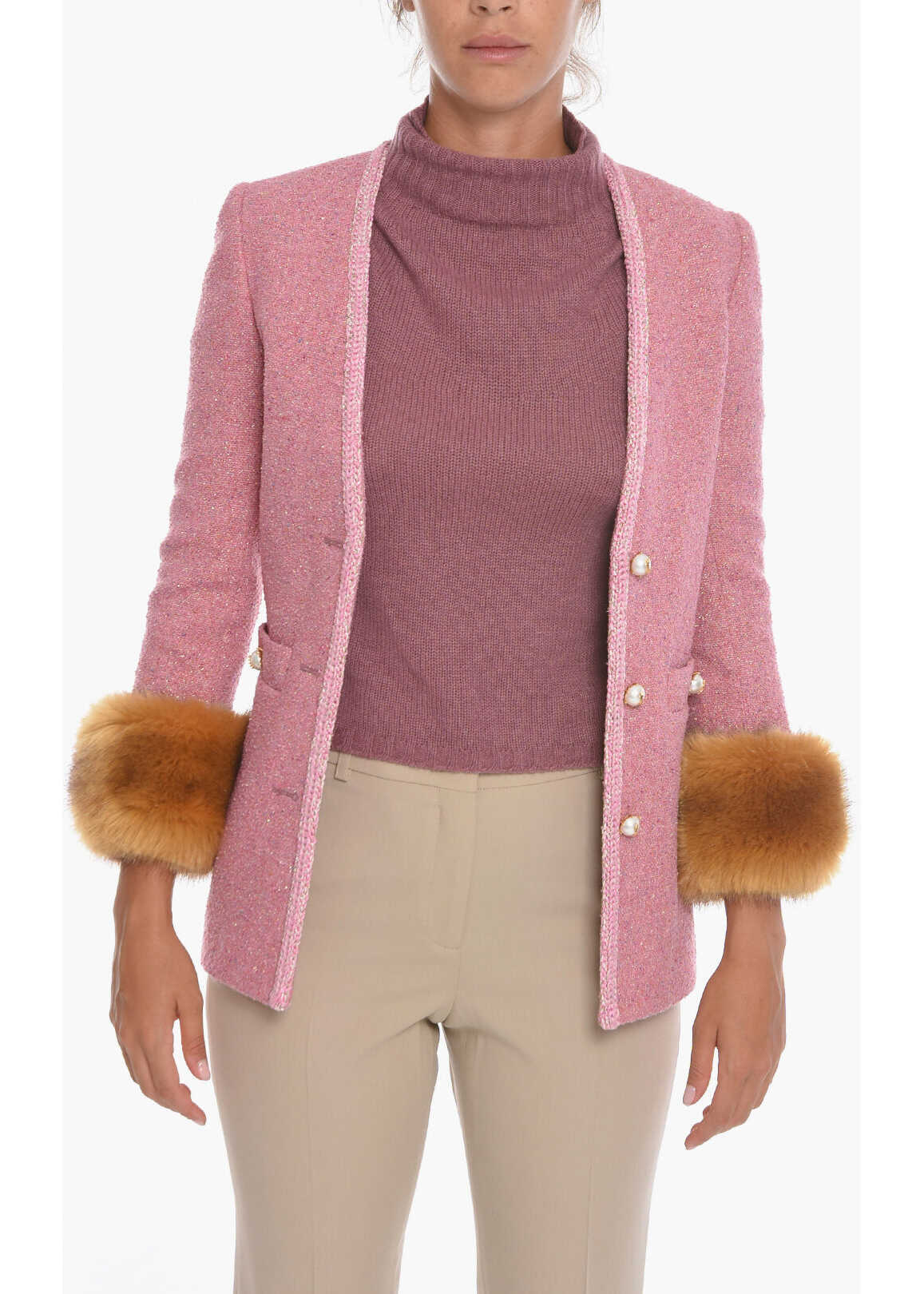 Saint Laurent Wool-Tweed Single-Breasted Blazer With Faux-Furred Cuffs Pink