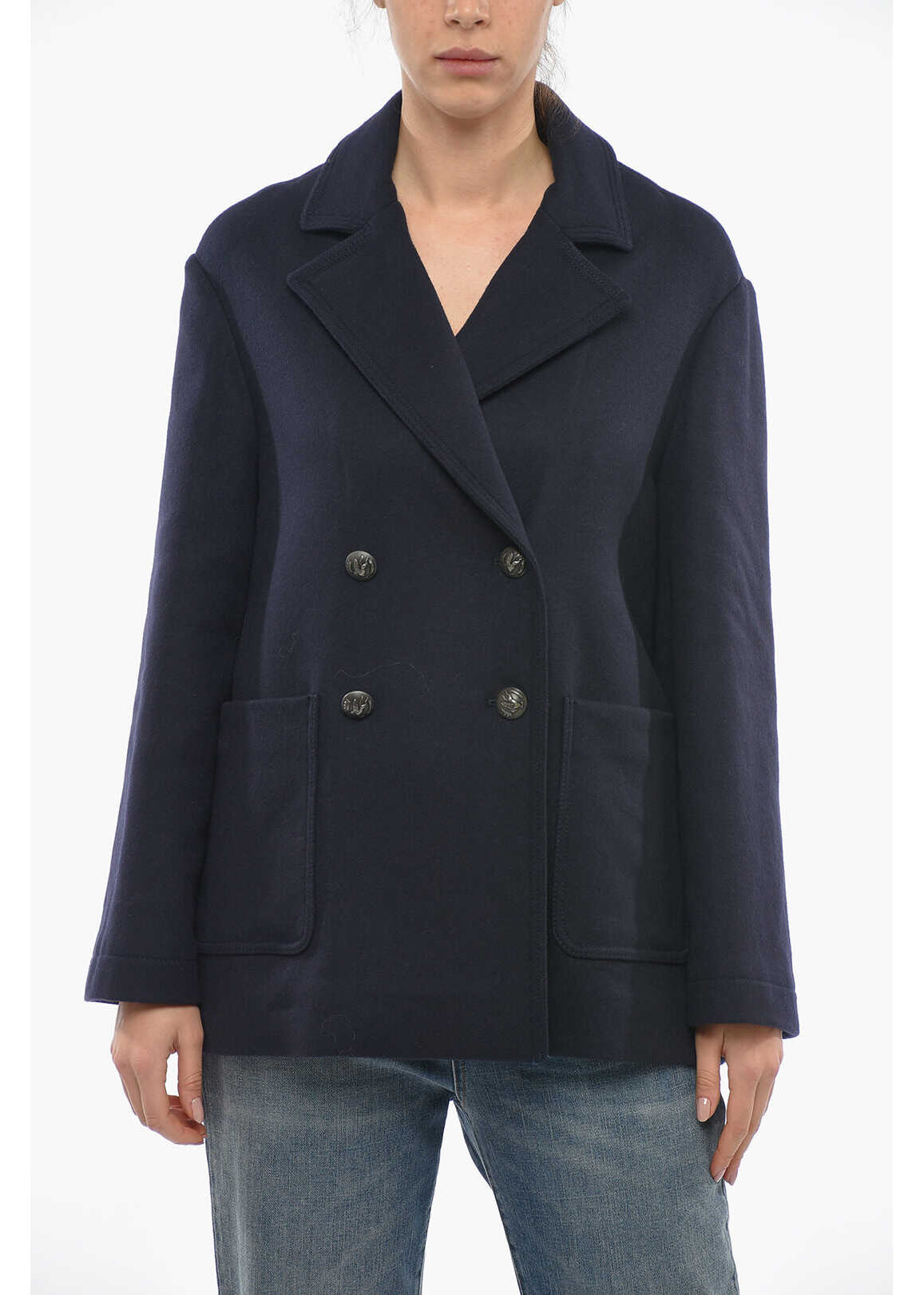 Poze ETRO Wool Double Breasted Coat With Patch Pocket Blue b-mall.ro 