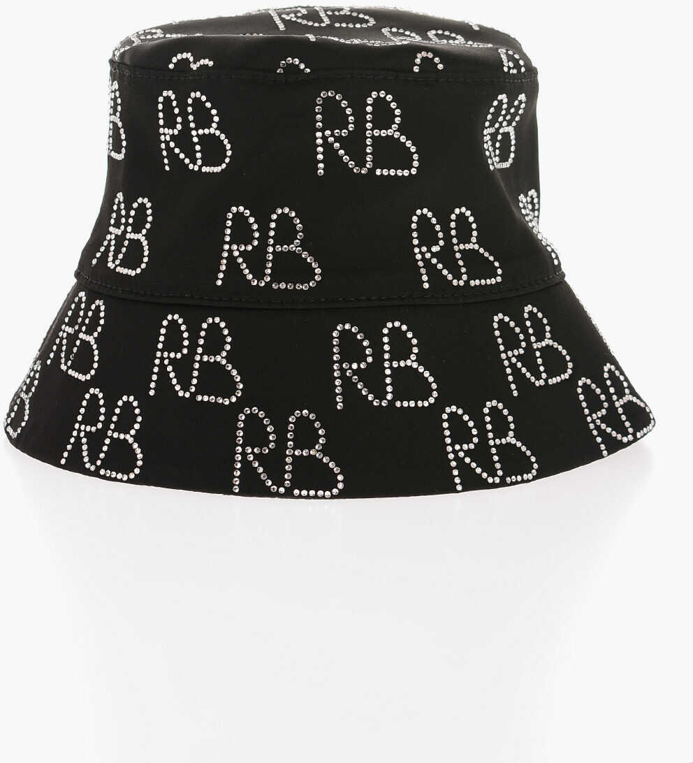 RUSLAN BAGINSKIY Satin Bucket Hat With All-Over Rhinestone Monogram Black