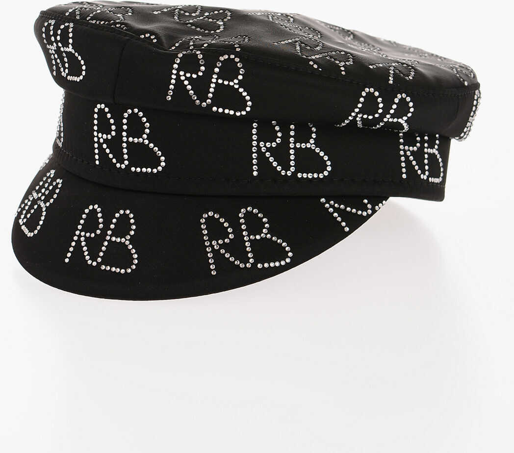 RUSLAN BAGINSKIY Satin Baker Boy Hat With All-Over Rhinestone Monogram Black