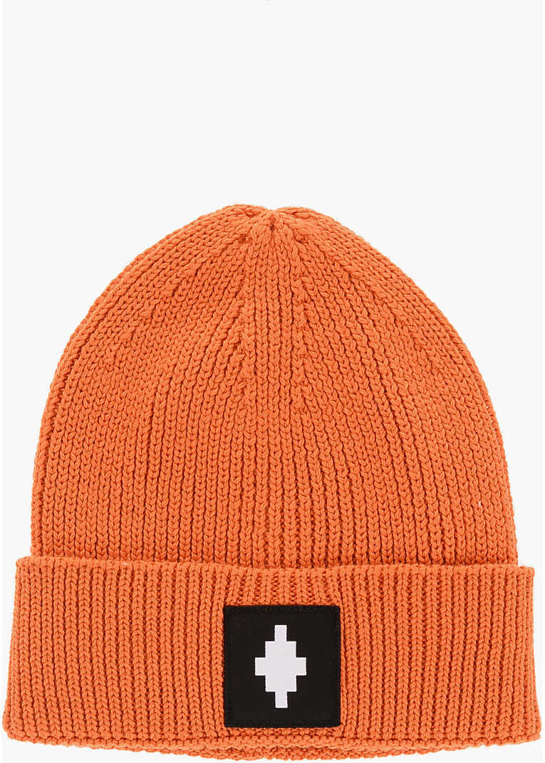 Marcelo Burlon Ribbed Wool Blend Beanie With Contrasting Logo Patch Orange