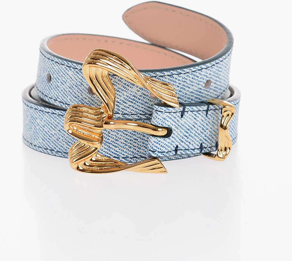 BY FAR Denim Effect Leather Ribbon Belt With Gold Curled Buckle 20M Blue