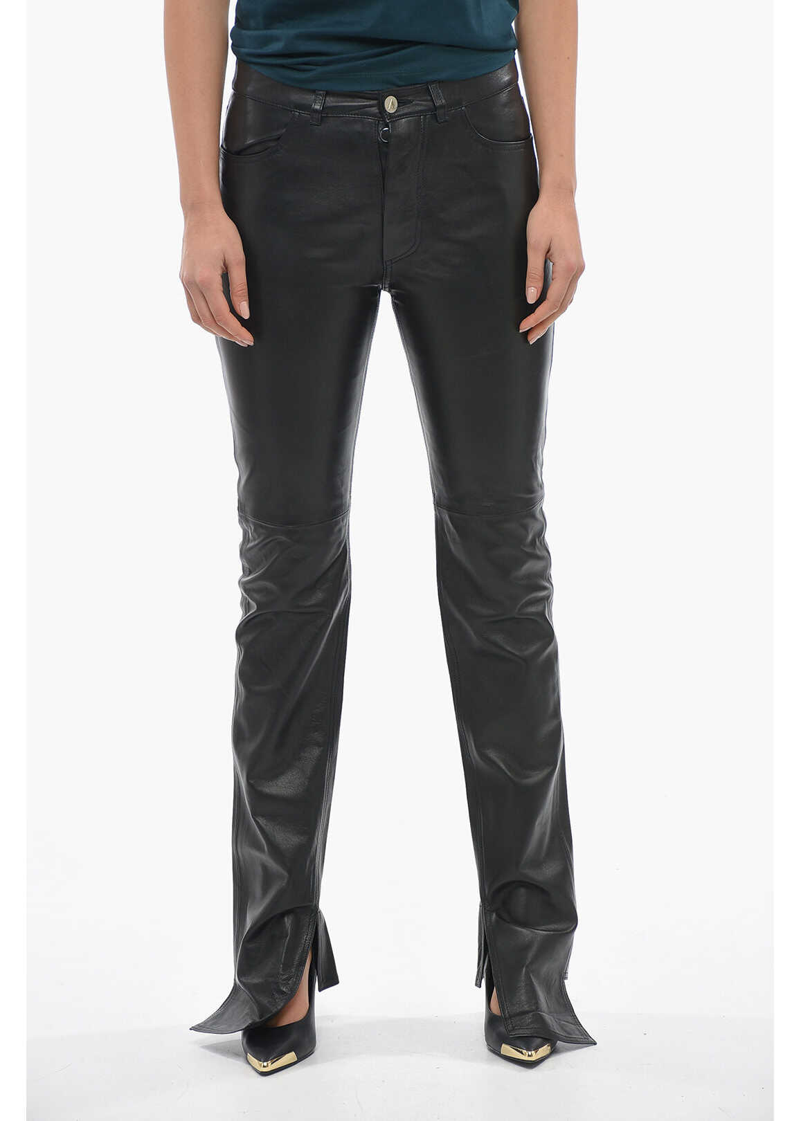 THE ATTICO Asymmetric Hem Slim Fit Fern Leather Pants Black