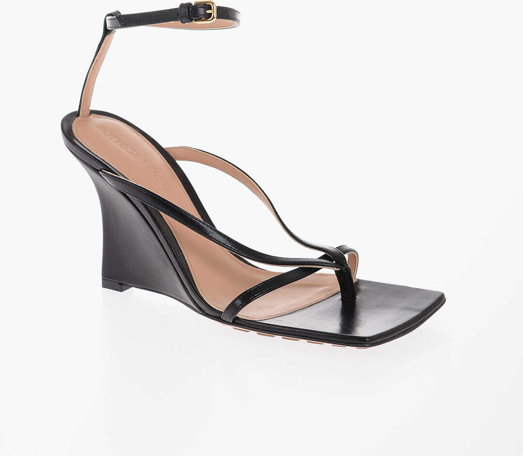 Bottega Veneta Leather Ankle Strap Sandals With Wedge And Square Toe 10Cm Black
