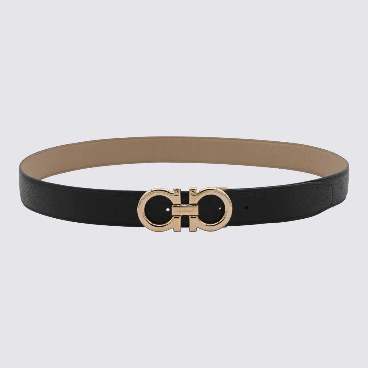 Ferragamo FERRAGAMO BLACK AND GOLD LEATHER GANCINI BELT BLACK