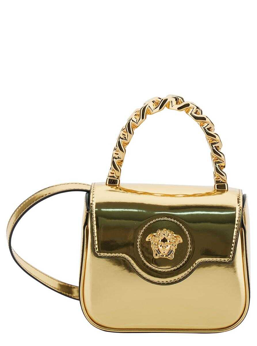 Versace Mini Gold Handbag with Medusa Head Detail in Metallic Leather Woman GREY