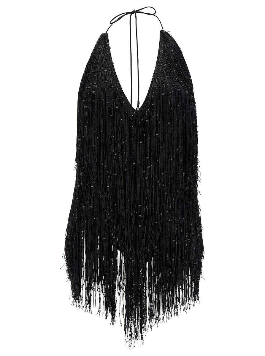 ROTATE Birger Christensen Sequin Fringe Dress BLACK