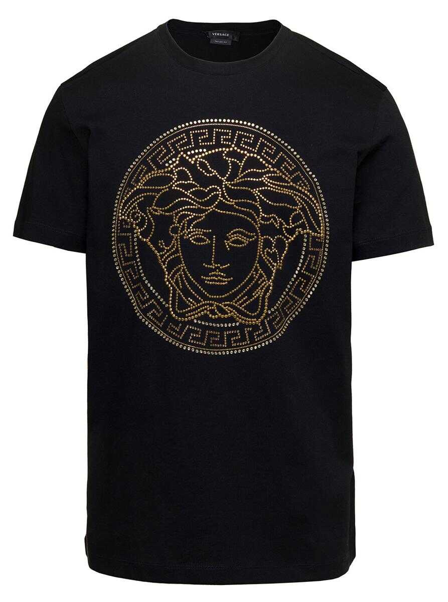 Versace Black Crewneck T-Shirt with Studded Medusa in Cotton Man BLACK
