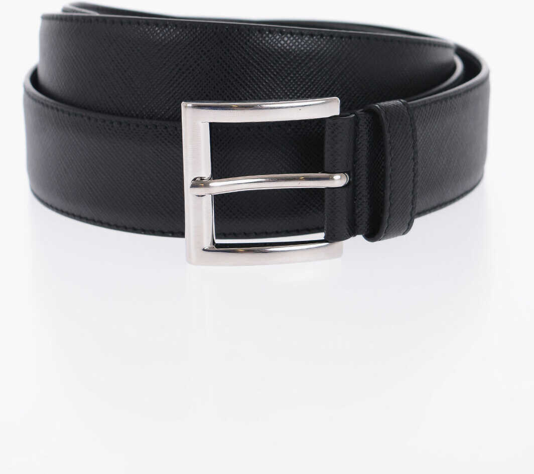 Prada Saffiano Leather Belt With Silver-Tone Buckle 35Mm Black