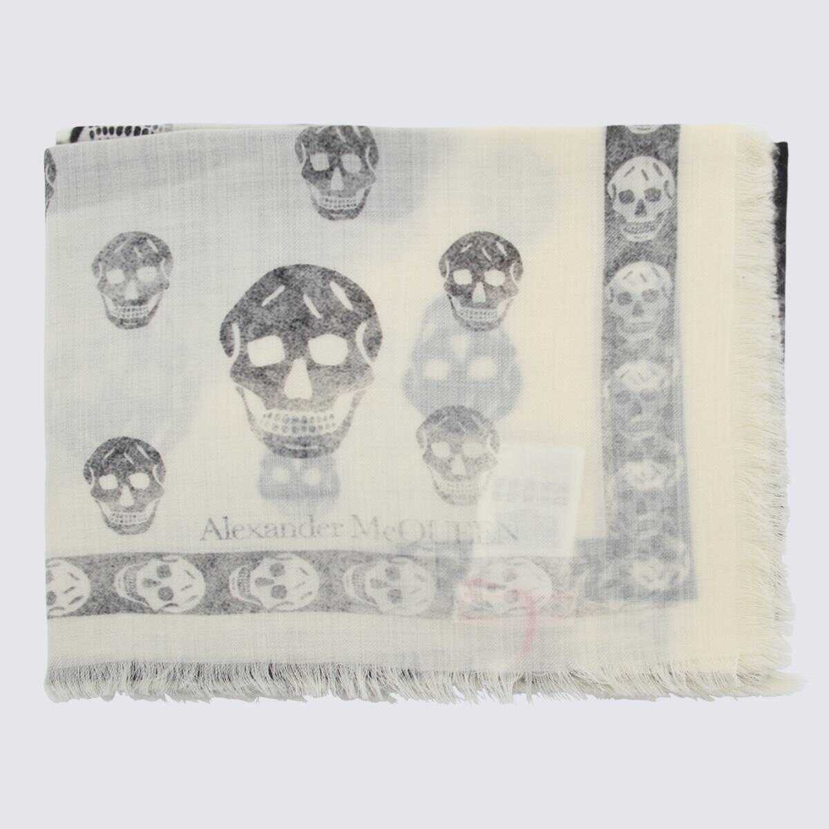 Alexander McQueen ALEXANDER MCQUEEN WHITE AND BLACK WOOL ORCHID SKULL SCARF IVORY/BLACK