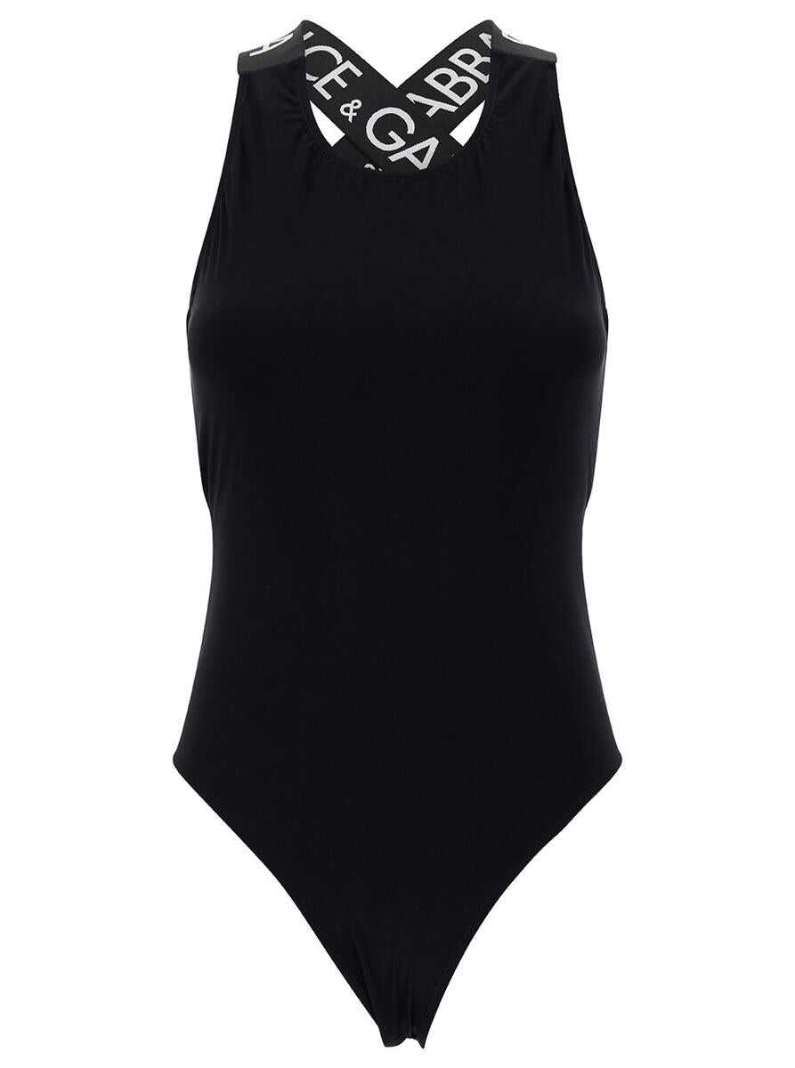 Dolce & Gabbana Black Swimsuit with Branded Criss-Cross Straps in Stretch Polyamide Woman BLACK