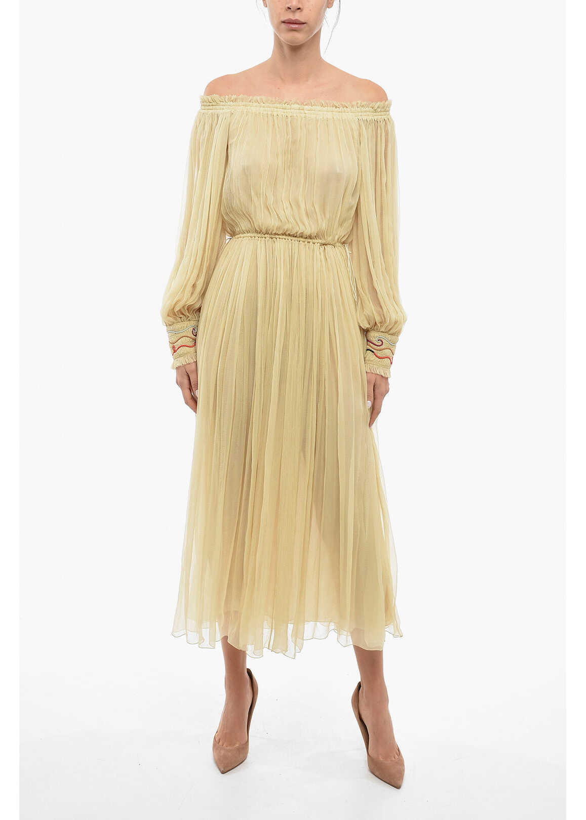 Chloe Silk Crepe Dress With Off-The-Shoulder Sleeves Yellow