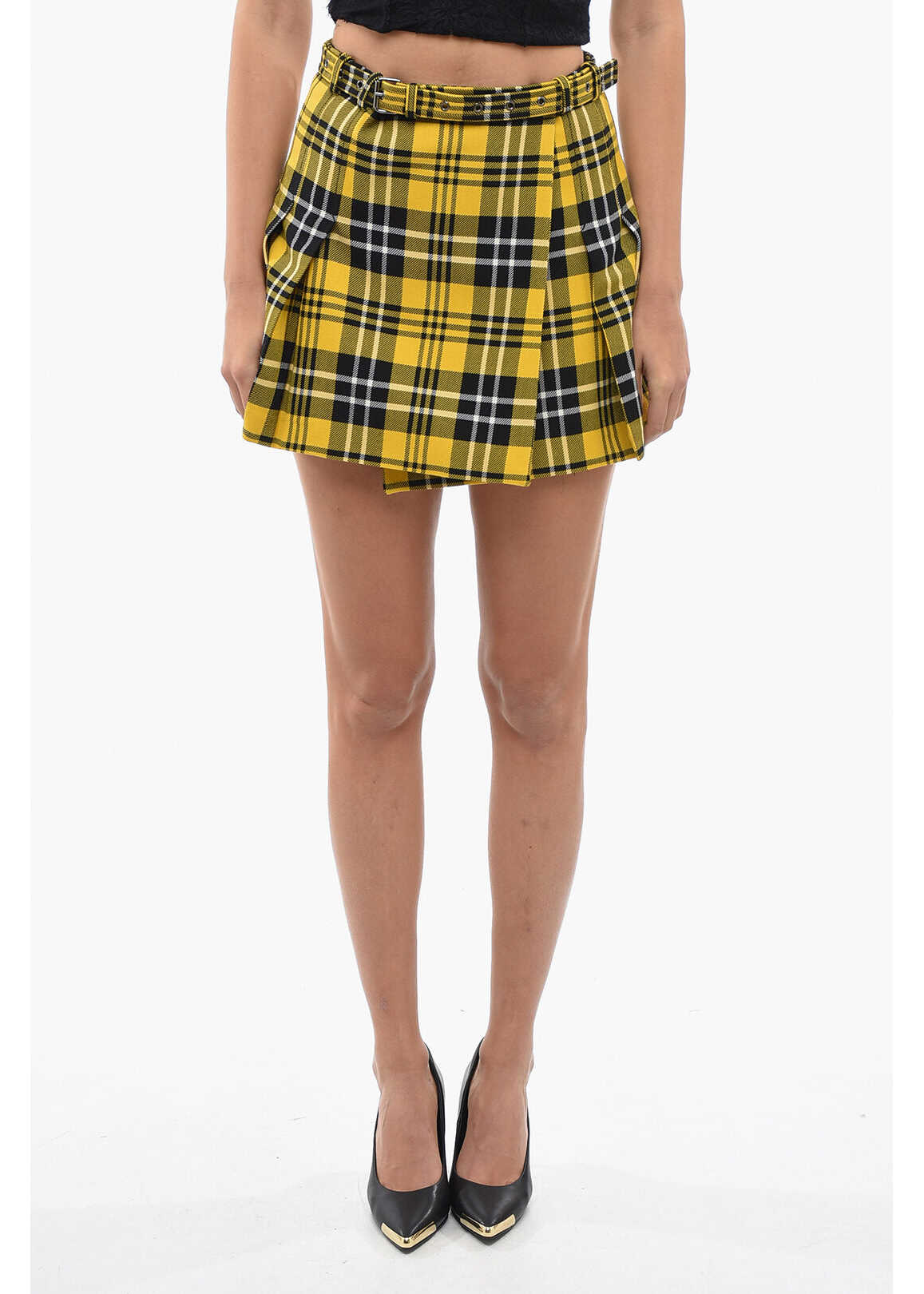 Dior Tartan Pleated Wrap Miniskirt With Belt Yellow