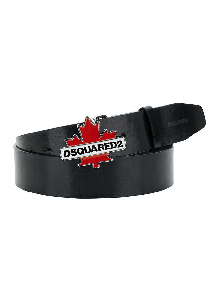 DSQUARED2 Black Belt with Maple Leaf Buckle in Leather Man BLACK