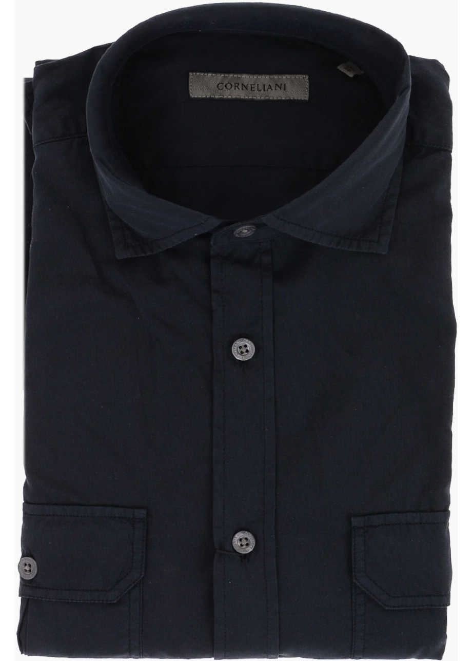 CORNELIANI Solid Color Spread Collar Shirt With Double Breast Pocket Blue