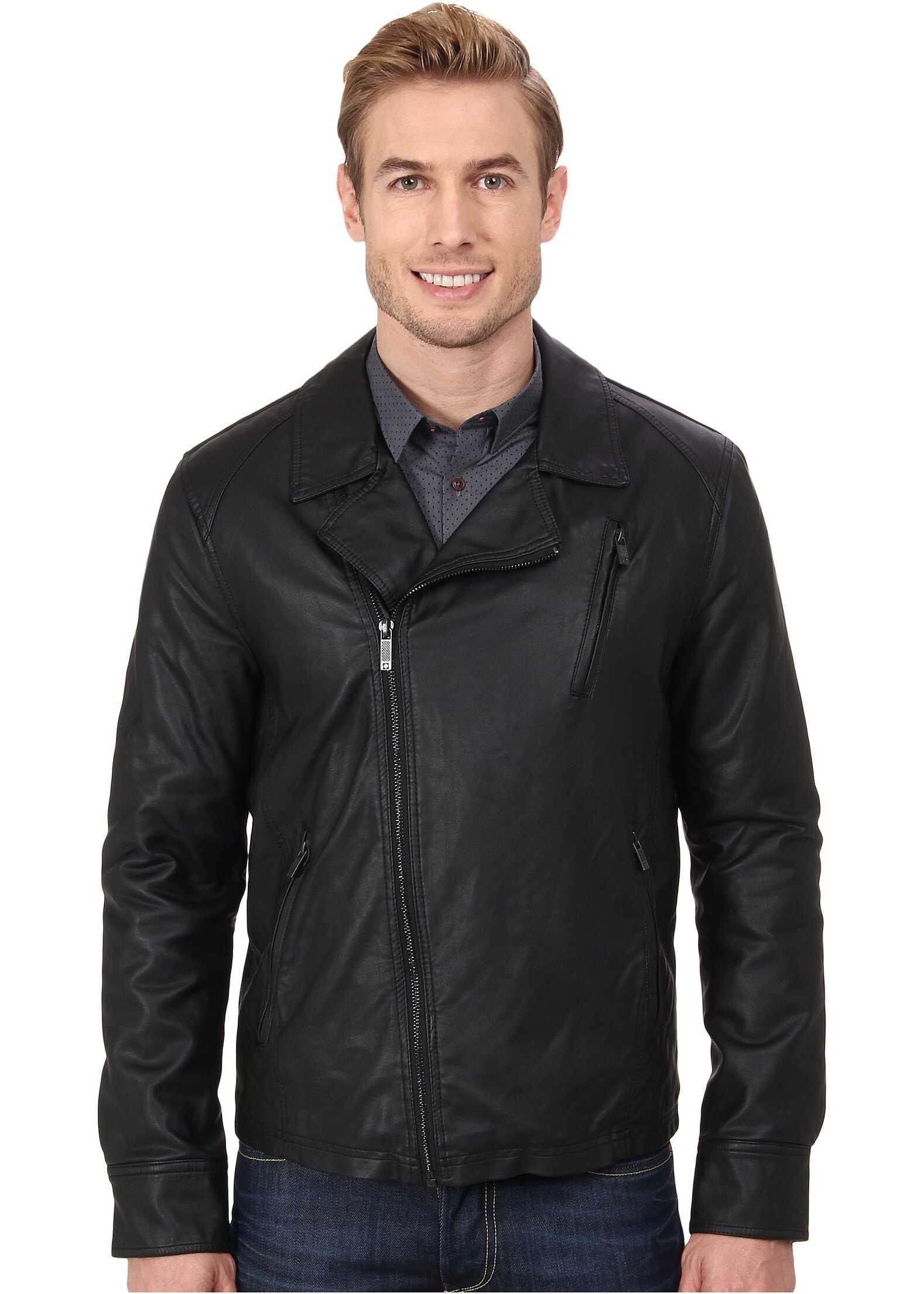 Geaca Kenneth Cole Reaction Asymmetrical Zip Front Faux Leather Hipster Black