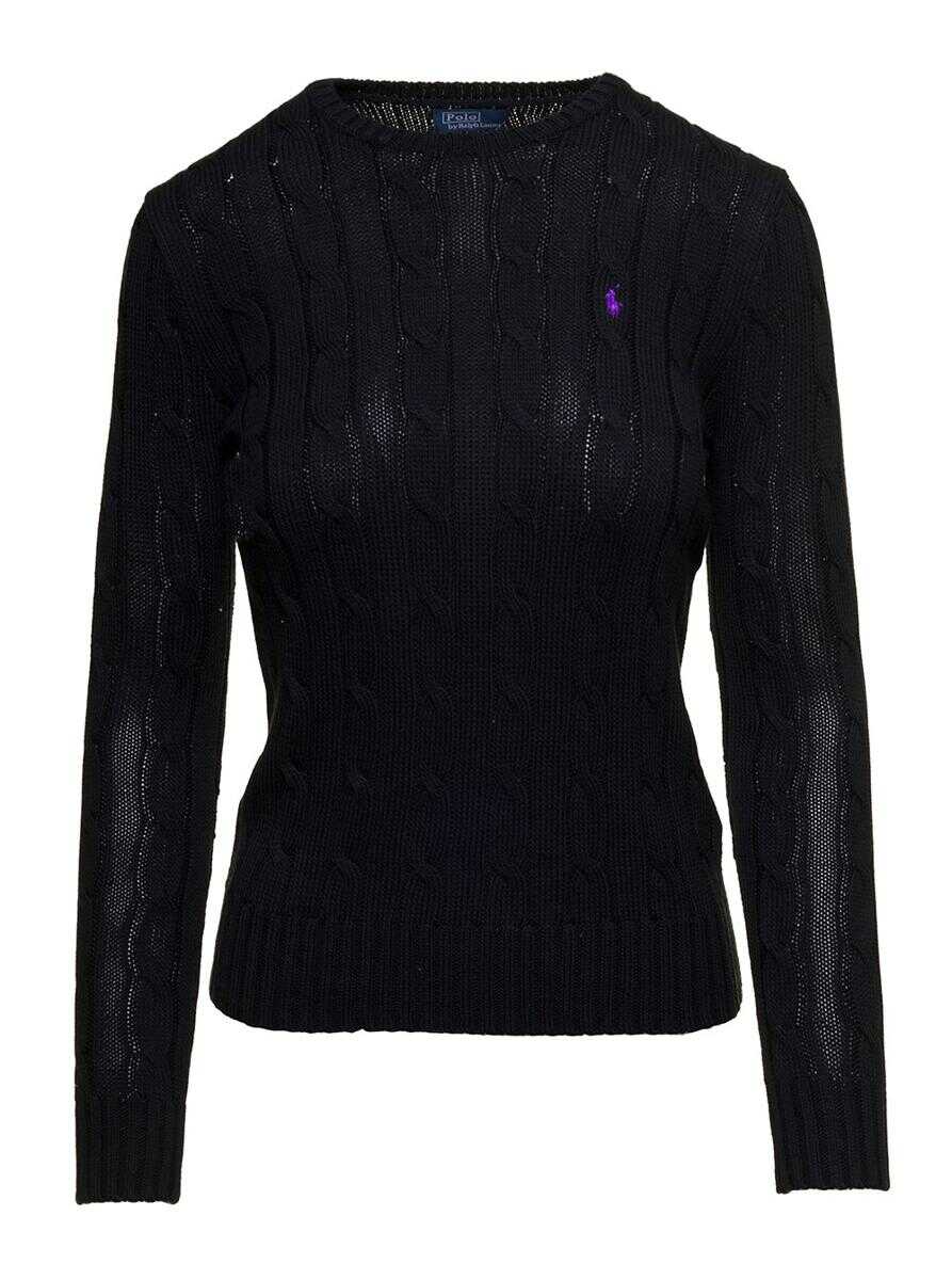Poze Ralph Lauren Black 'Julianna' Crewneck T-shirt with Braided Texture in Cotton Woman BLACK b-mall.ro 