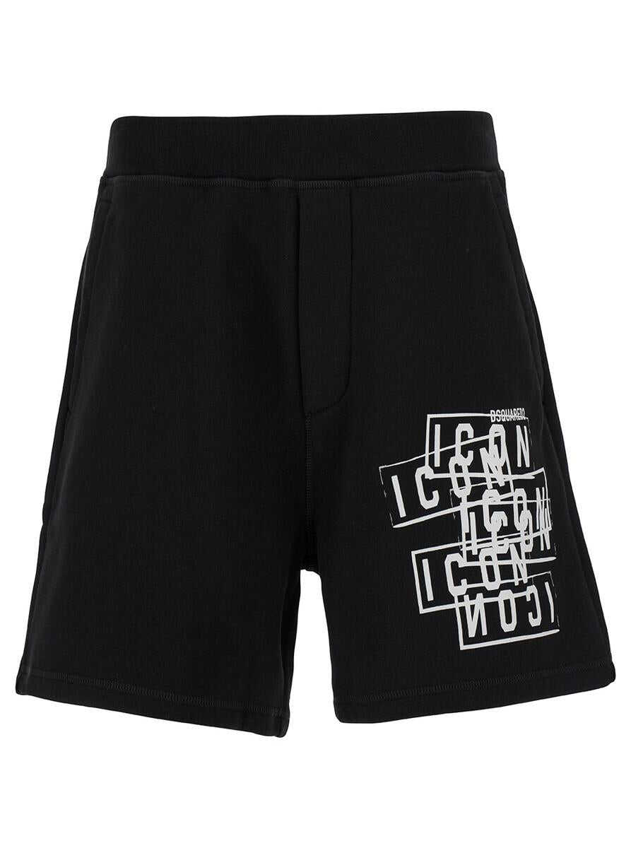 DSQUARED2 Black Bermuda Shorts with Icon Logo Print in Cotton Man BLACK