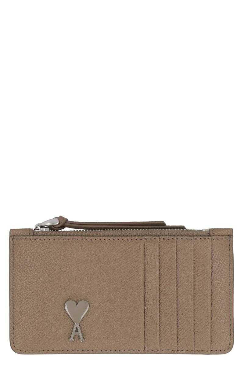 AMI Paris AMI PARIS LOGO DETAIL LEATHER CARD HOLDER TAUPE