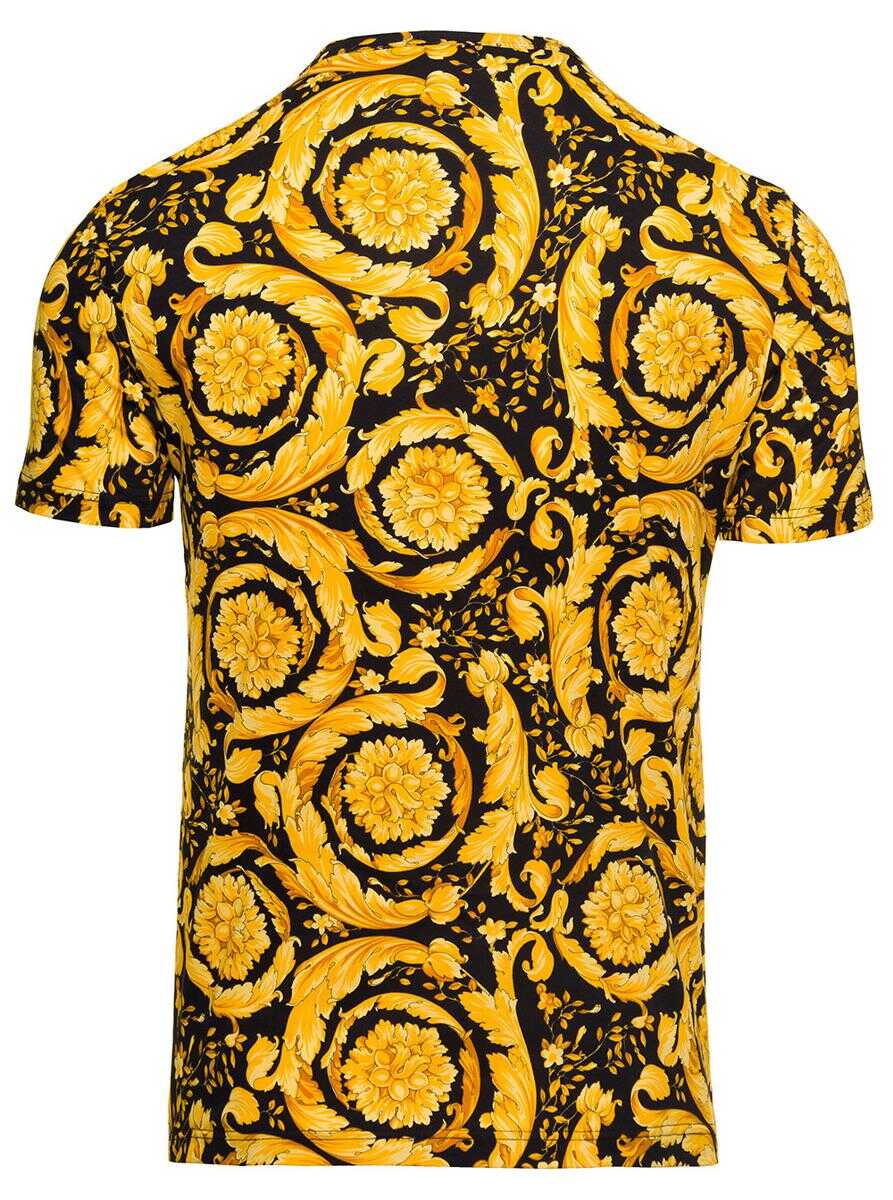 Versace Black and Yellow Crewneck T-Shirt with All-Over Barocco Print in Stretch Cotton Man YELLOW