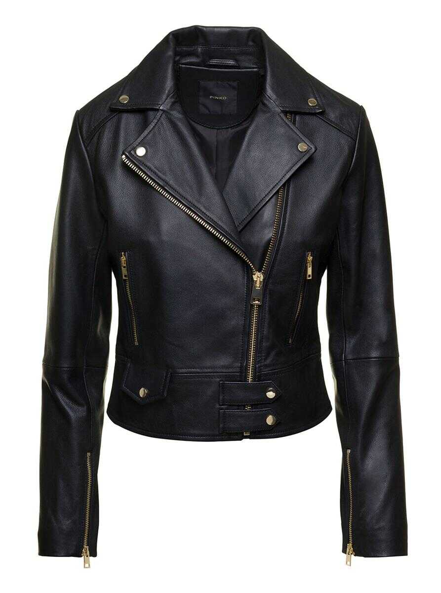 Pinko Black Zip-Up Biker Jacket with Revers Collar in Leather Woman BLACK