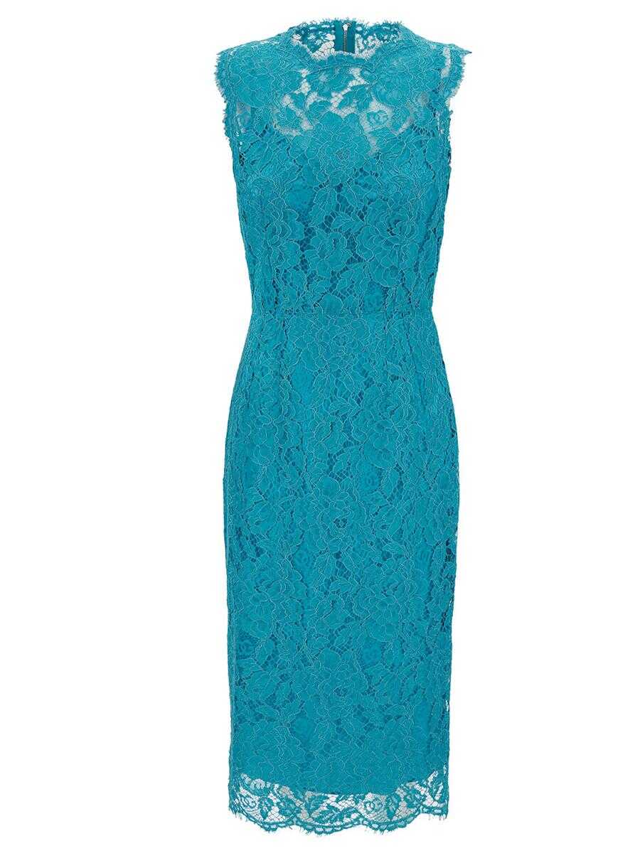 DOLCE & GABBANA Midi Light Blue Sleeveless Dress in Floreal Lace Woman BLU