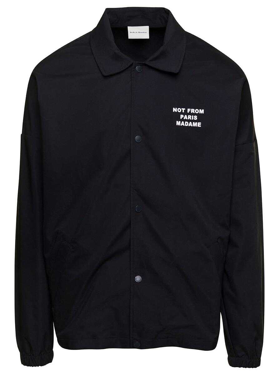 DRÔLE DE MONSIEUR Black Jacket with Slogan Print at the Back and at the Front in Nylon Man BLACK