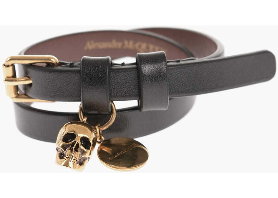 Alexander McQueen Leather Double Bracelet With Golden Charm Black