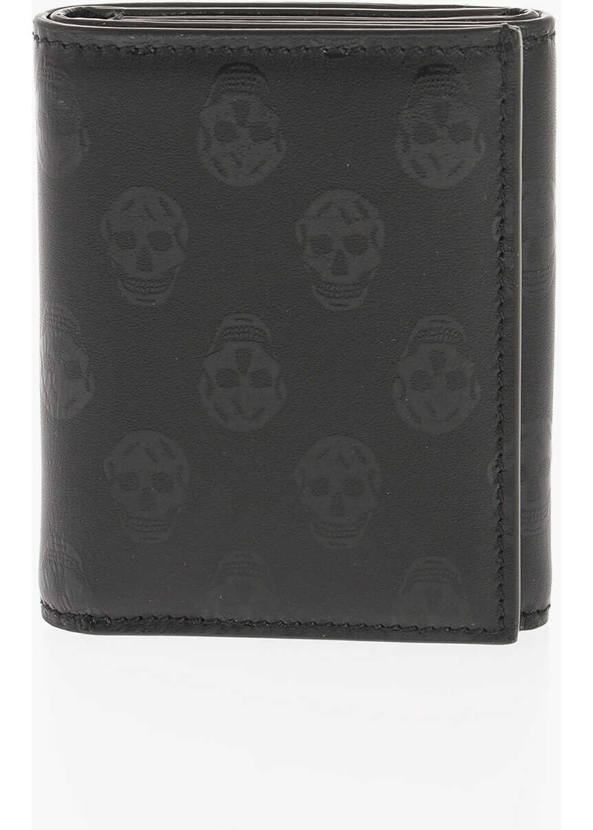 Alexander McQueen Solid Color Leather Wallet With All-Over Skulls Black