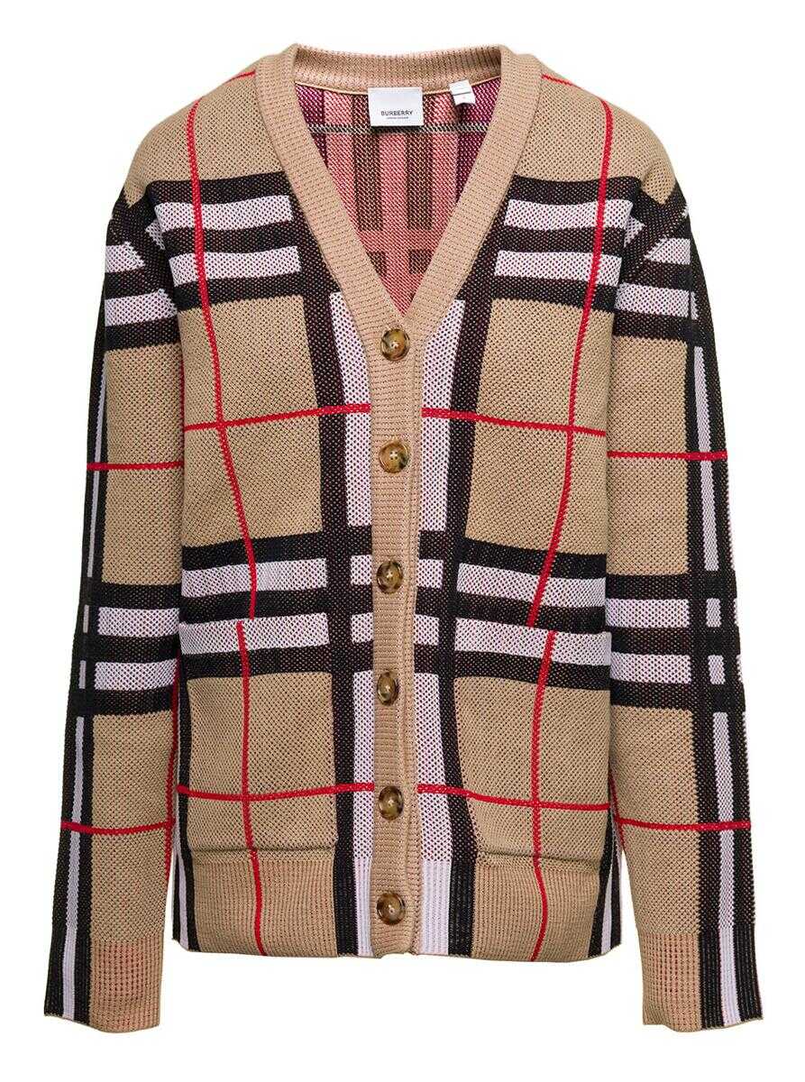 Burberry \'Hortence\' Beige Long Sleeve Cardigan with Vintage Check Motif in Cotton Blend Woman BEIGE
