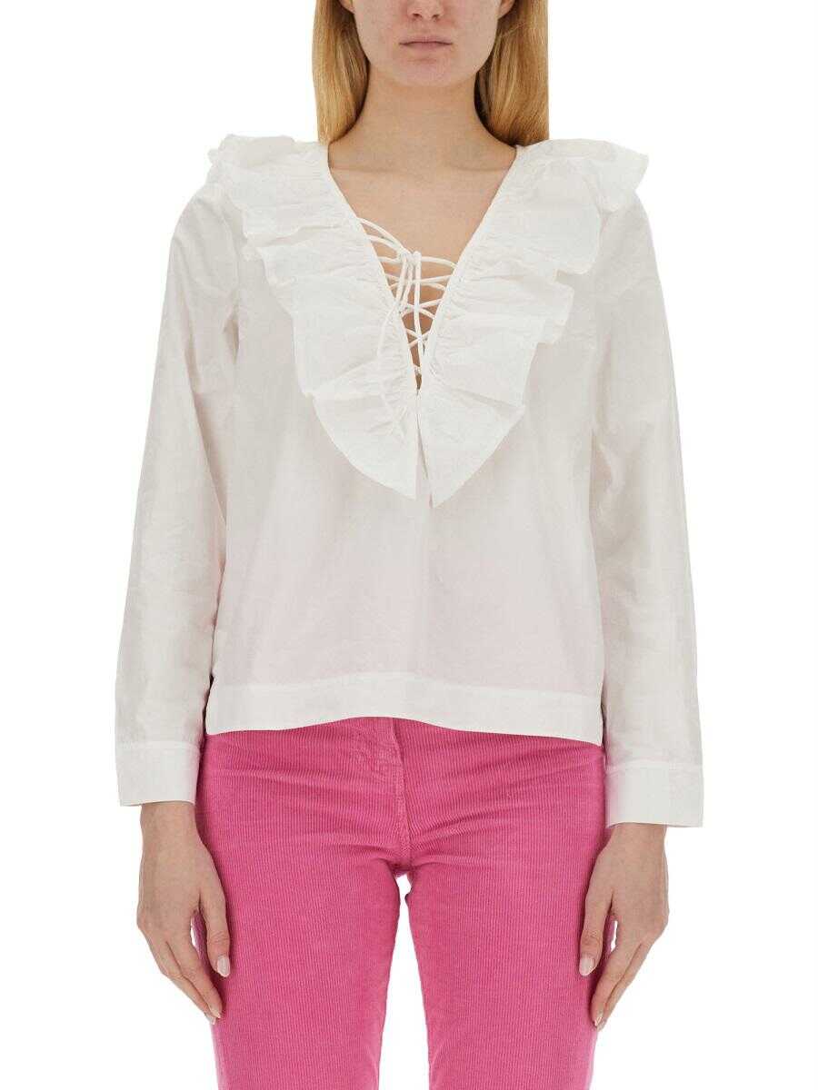 Ganni GANNI V-NECK BLOUSE WHITE