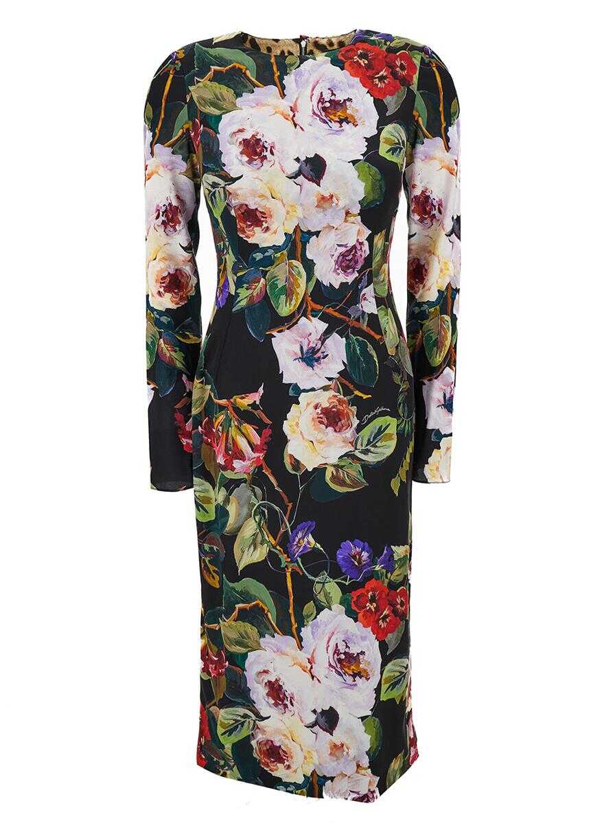 DOLCE & GABBANA Midi Multicolor Sheath Dress with Rose Garden Print in Stretch Silk Woman MULTICOLOR