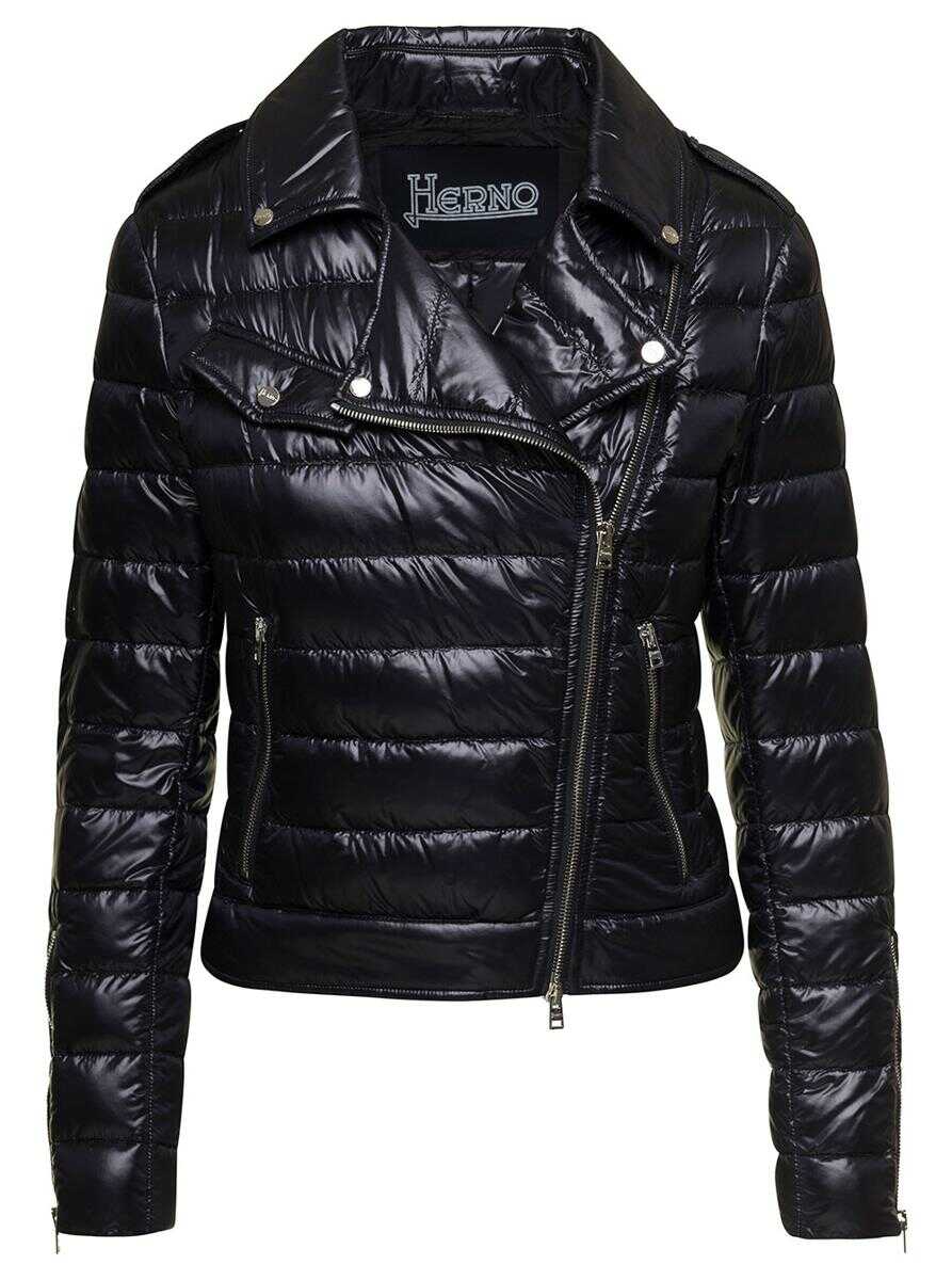 Herno Black Padded Biker Jacket with Rever Collar in Ultralight Nylon Woman BLACK