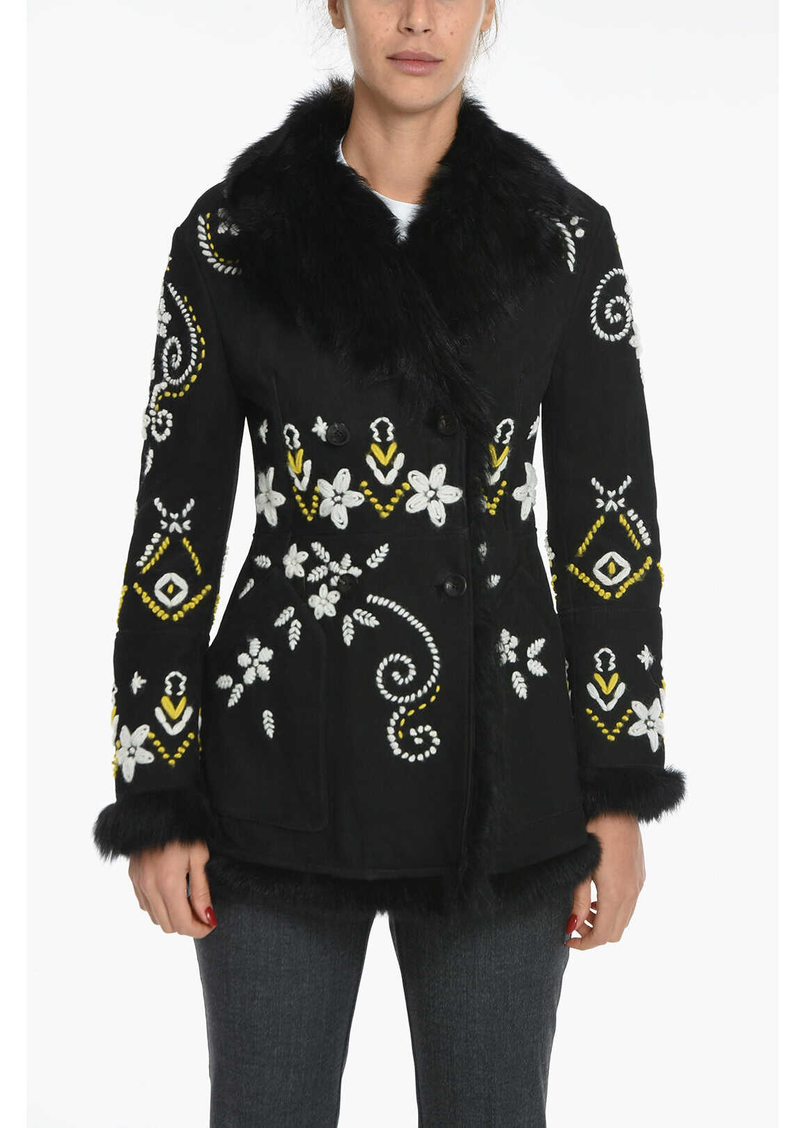 Ermanno Scervino Fur Lined Suede Coat With Embroideries Black