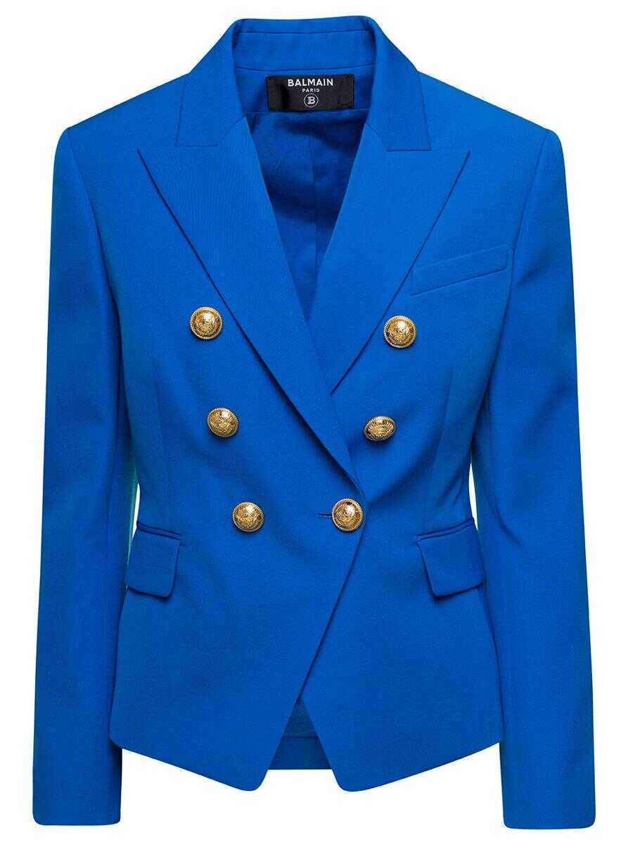 Balmain Electric Blue Double-Breasted Jacket with Jewel Buttons in Wool Woman BLU