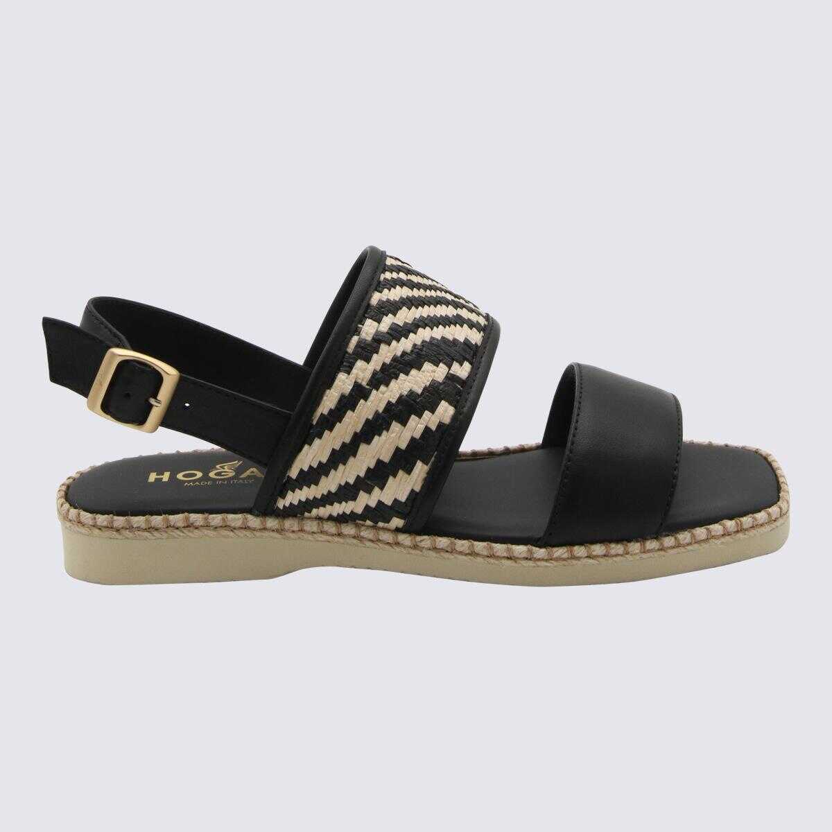 Hogan HOGAN BEIGE RAFFIA AND BLACK LEATHER SANDALS BLACK