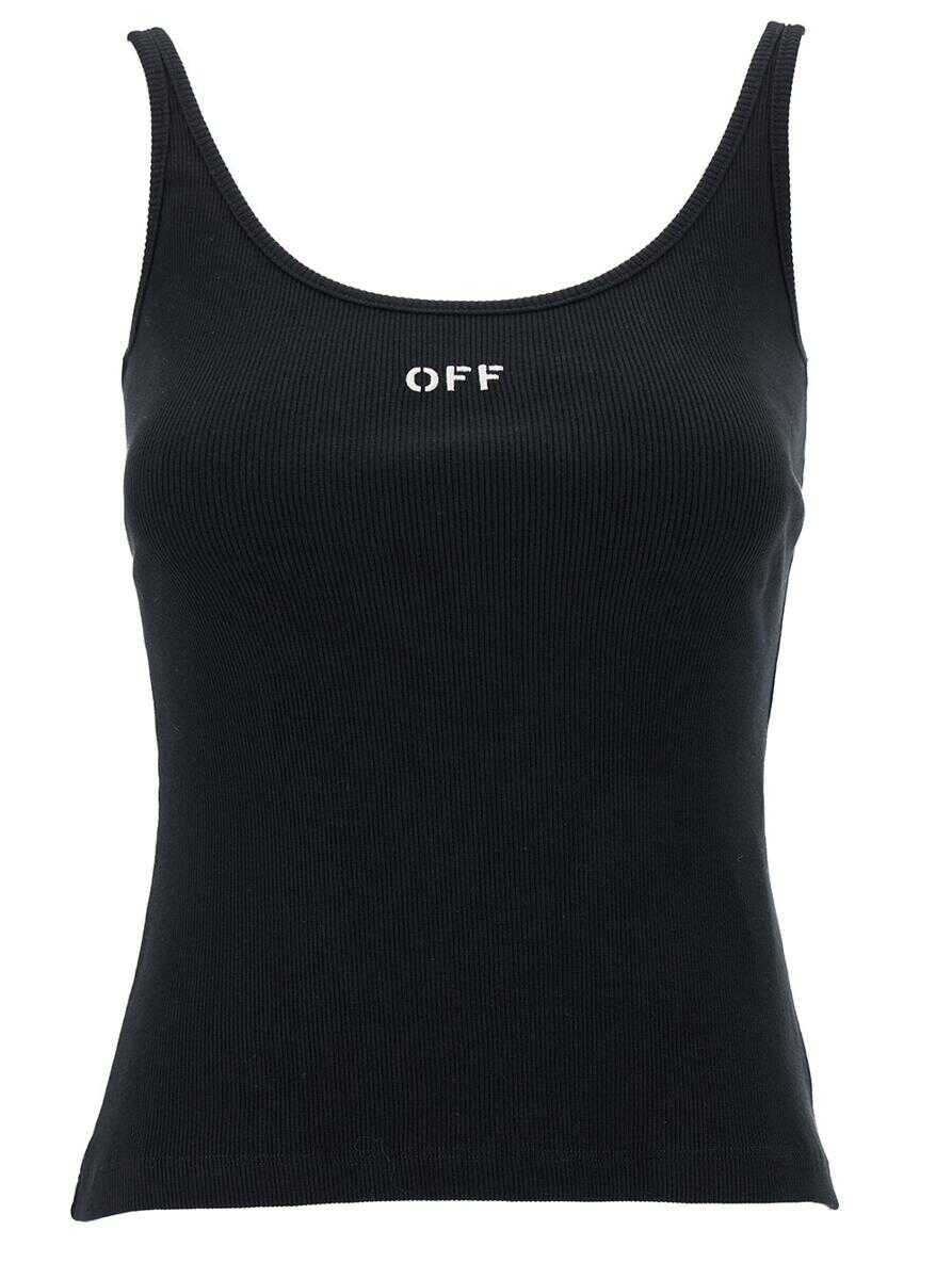 Off-White Black Ribbed Tank Top with Contrasting Logo Embroidery in Stretch Cotton Woman BLACK