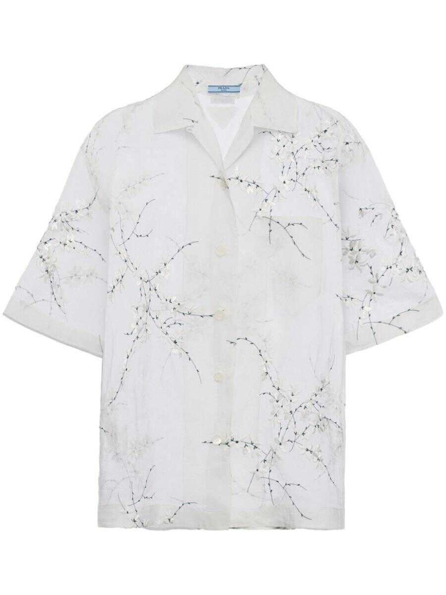 Prada PRADA floral-embroidered short-sleeved sheer shirt BIANCO