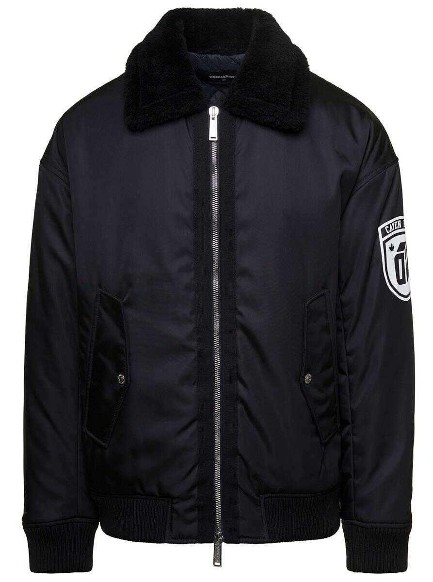DSQUARED2 \'Ciprus\' Black Bomber Jacket with Contrasting Logo Patch and Print in Nylon Man Black