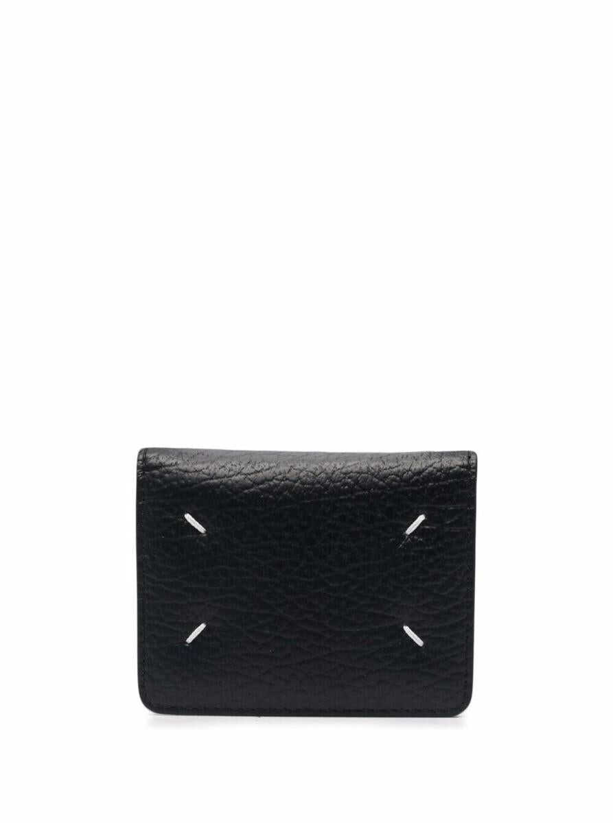 Maison Margiela Black Bifold Wallet with Stitching Detail and Key Ring in Grained Leather Woman Maison Margiela BLACK