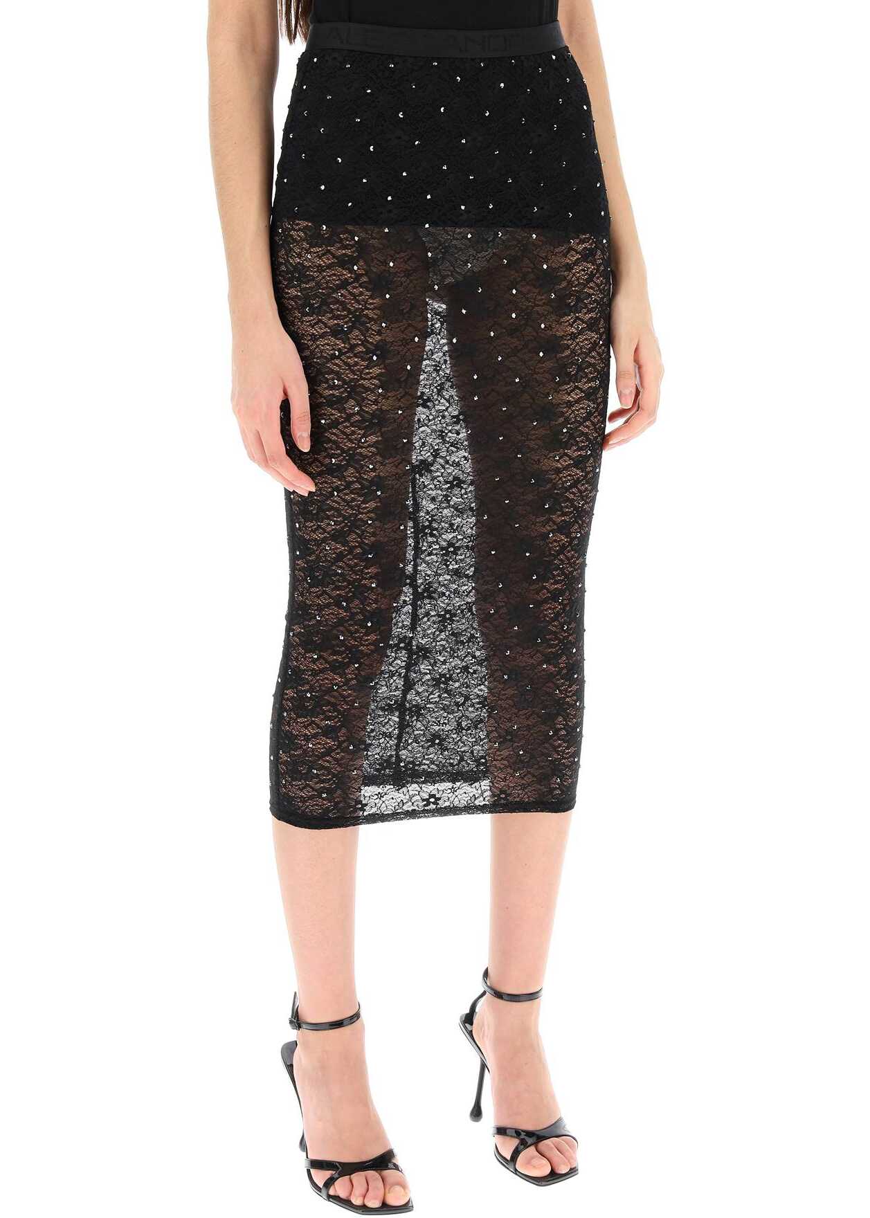 Alessandra Rich Midi Skirt In Lace With Rhinestones BLACK