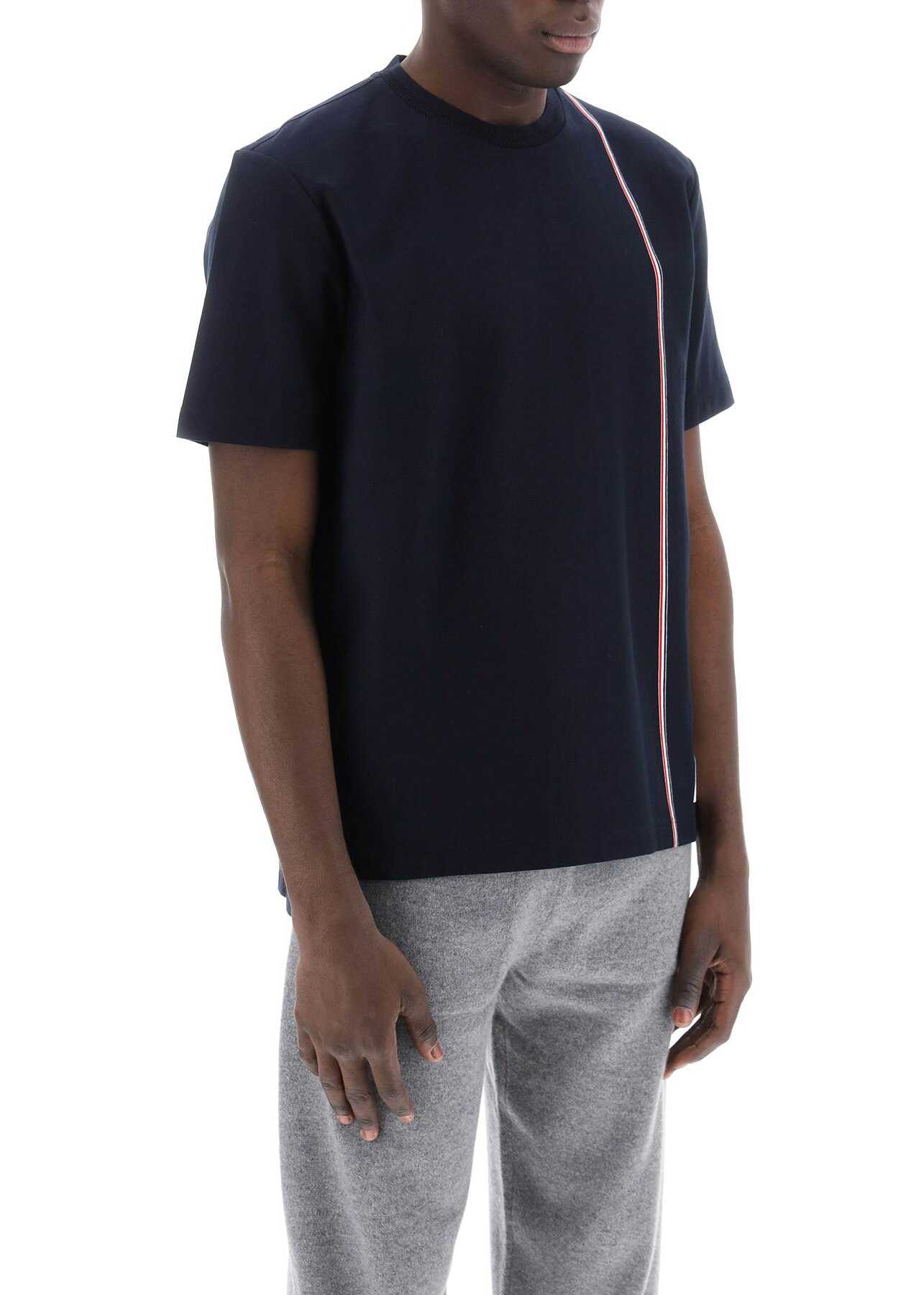 Thom Browne Crewneck T-Shirt With Tricolor Intarsia NAVY