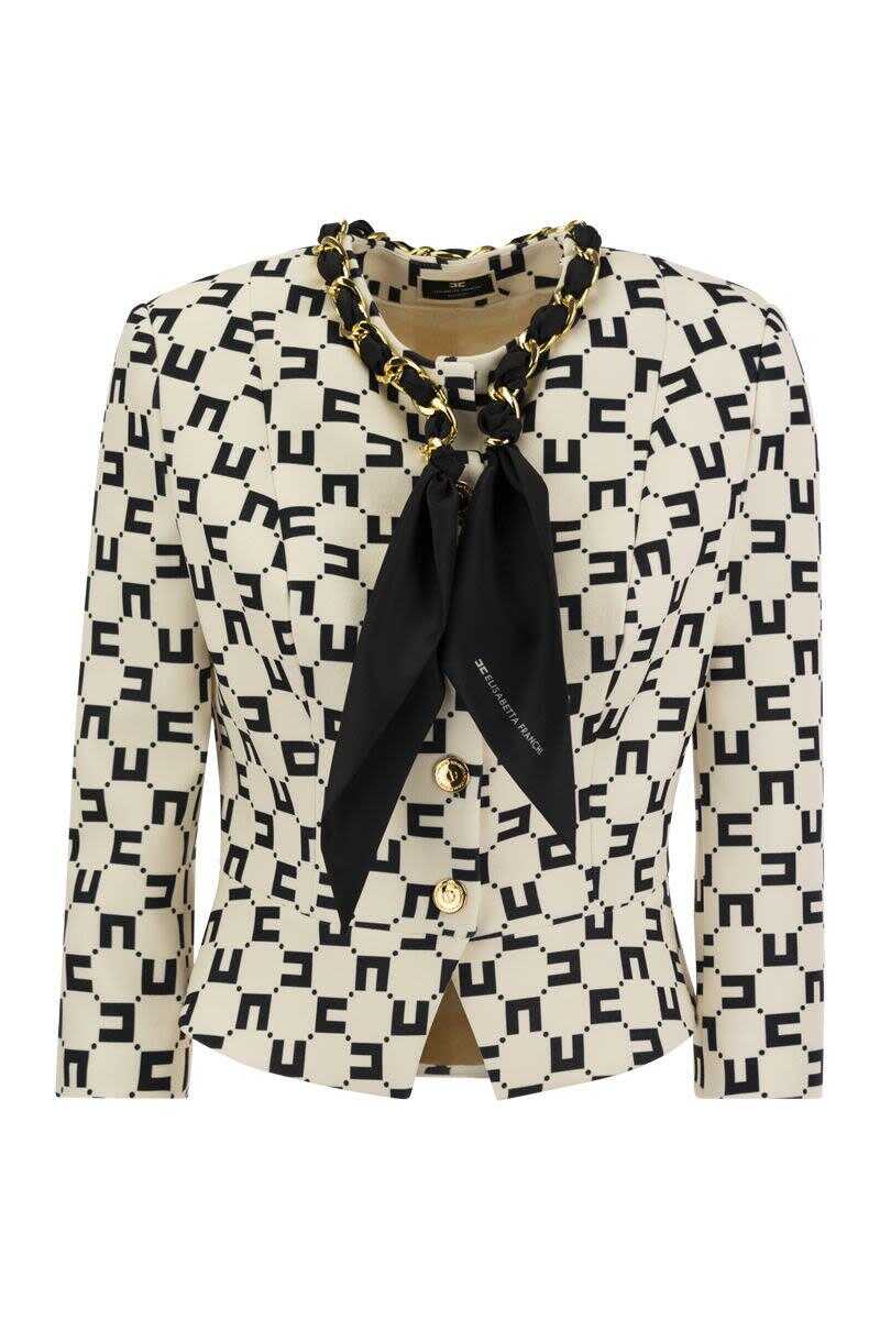 Elisabetta Franchi ELISABETTA FRANCHI Logo print crepe jacket with foulard chain BUTTER/BLACK