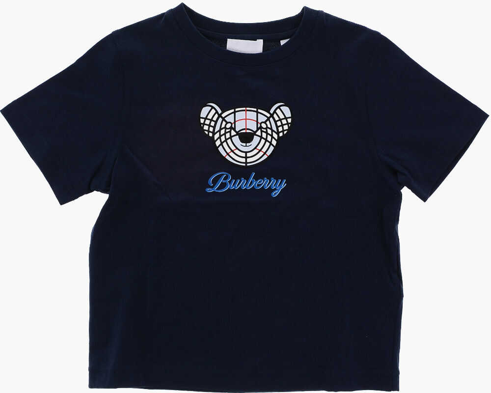 Burberry Kids Solid Color Roscoe T-Shirt With Teddy Bear Print Blue