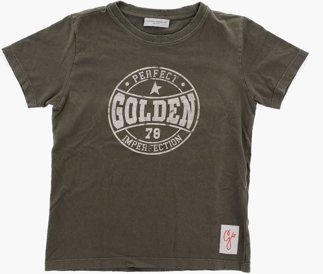 GOLDEN GOOSE KIDS Vintage Effect Crew-Neck T-Shirt With Printed Logo Green