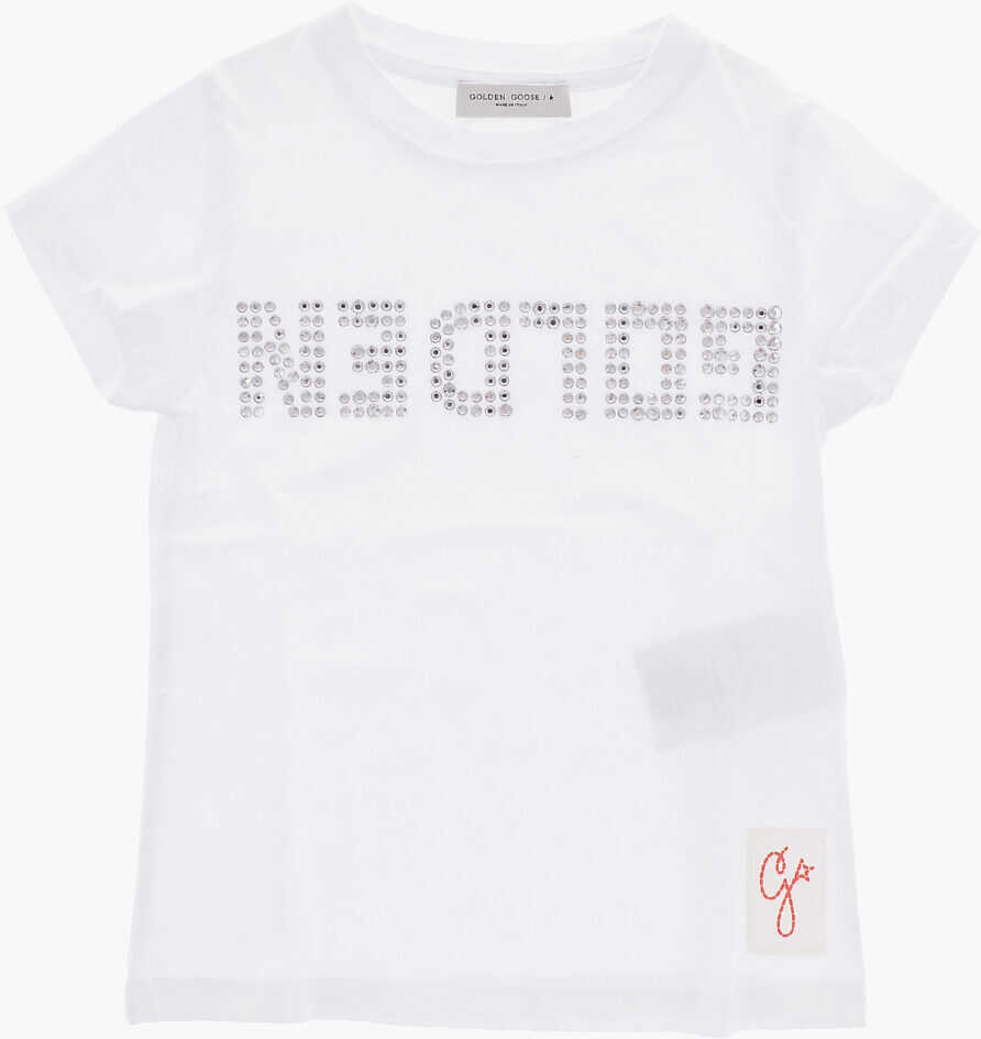 GOLDEN GOOSE KIDS Solid Color Crew-Neck T-Shirt With Rhinestone Logo White