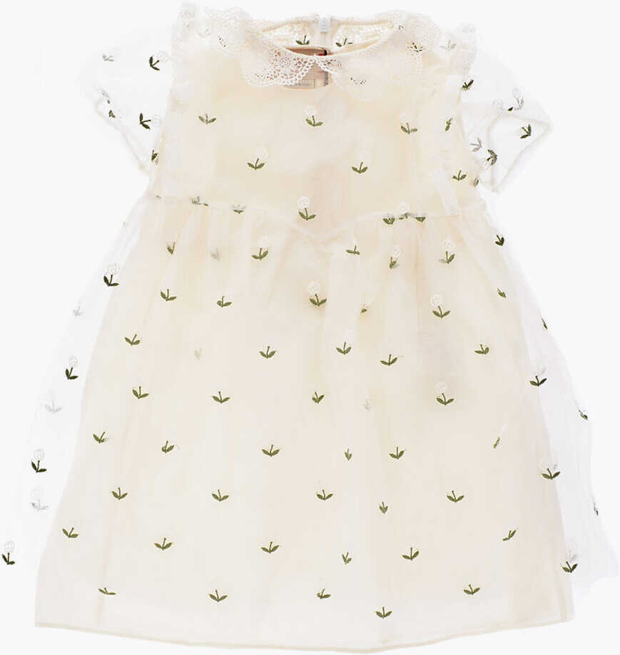 Gucci All-Over Monogram Embroiered Tulle Dress White