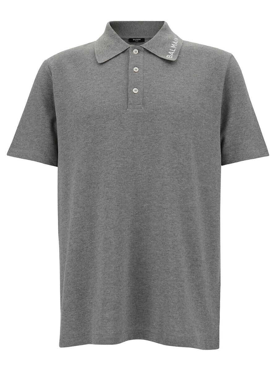 Balmain Grey Polo Shirt with Logo Embroidery on Collar in Cotton Man GREY